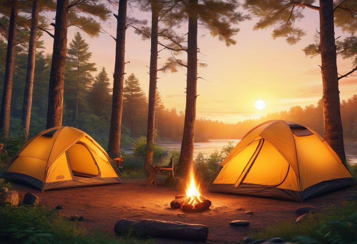 A picturesque campsite nestled in a lush forest, featuring a cozy tent, a crackling campfire, and people enjoying outdoor activities like hiking and fishing. Include a stunning sunset in the background, casting warm golden hues and creating a magical atmosphere. Vibrant wildlife such as birds and deer can be subtly integrated to evoke the spirit of adventure. super-realistic. vibrant colors. scenic background.