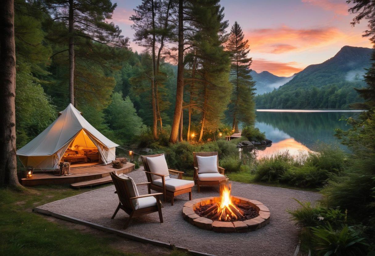 A picturesque glamping site nestled in a lush green forest, featuring elegantly designed tents with plush interiors, fairy lights, and a cozy fire pit. Surrounding the site, a serene landscape including a sparkling lake and towering trees, with a sunset casting warm hues across the sky. Add elements like gourmet camping cuisine displayed on a table, friends laughing, and a backdrop of majestic mountains. vibrant colors. super-realistic. nature-inspired.