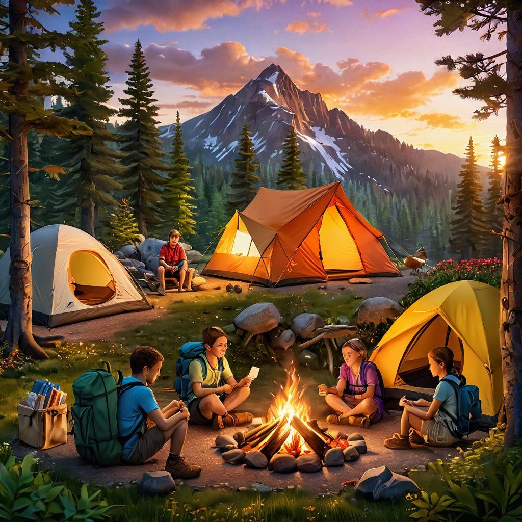 A cozy family campsite nestled in a lush forest, with a colorful tent pitched, a campfire crackling, and smiling family members roasting marshmallows. The scene includes backpacks, hiking gear scattered around, and scenic mountains in the background, with birds flying overhead. The warm glow of sunset casts a magical light, creating an inviting atmosphere. super-realistic. vibrant colors. 3D.